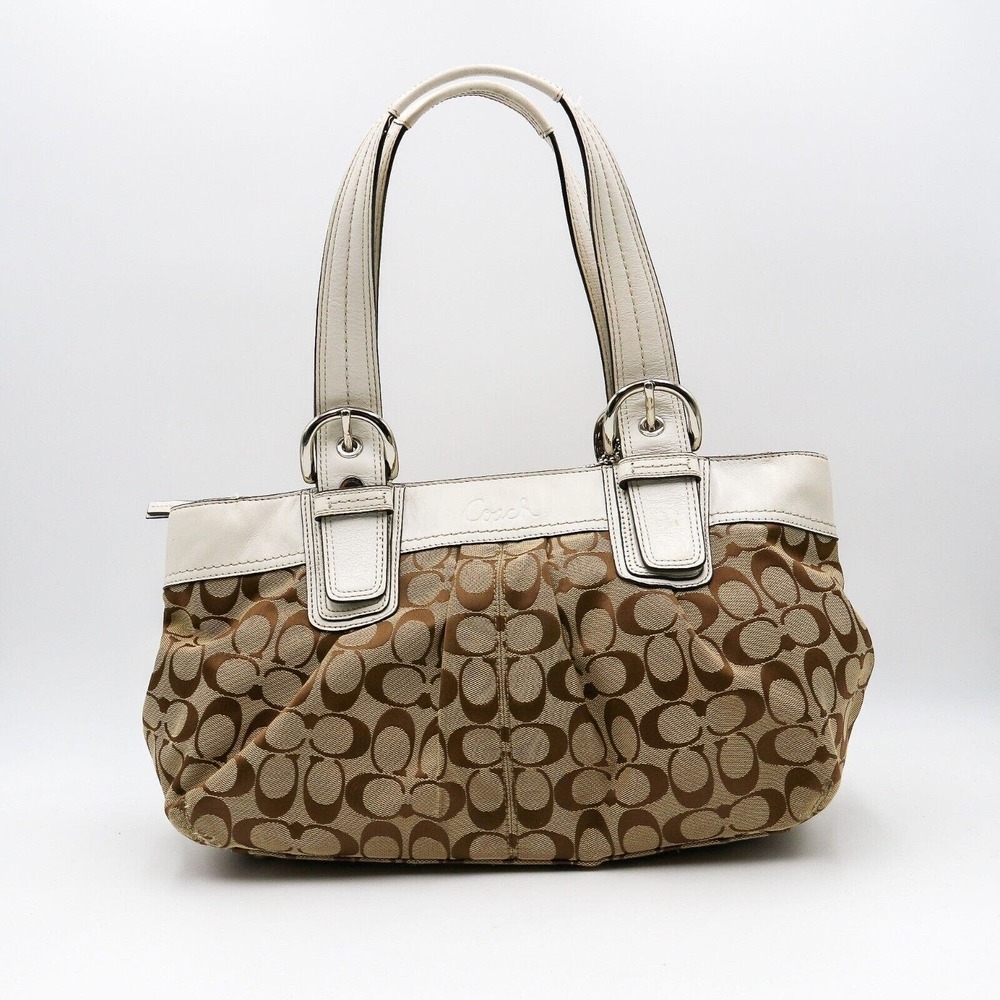 Coach F13742 Signature Brown Canvas Shoulder Bag Soho Pleated Bone Leather​​